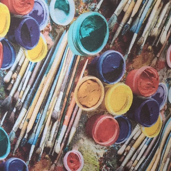 Peck & Peck Graphic Blue and Orange 3/4 Sleeve Blouse And Black crops - Picture 3 of 7